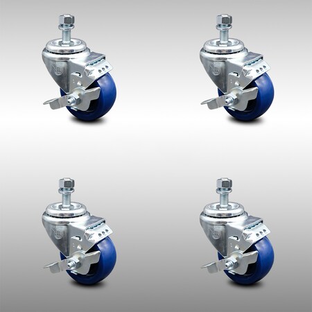 Service Caster 3 Inch SS Solid Polyurethane Swivel 12mm Threaded Stem Caster Set Brake SCC SCC-SSTS20S314-SPUS-TLB-M1215-4